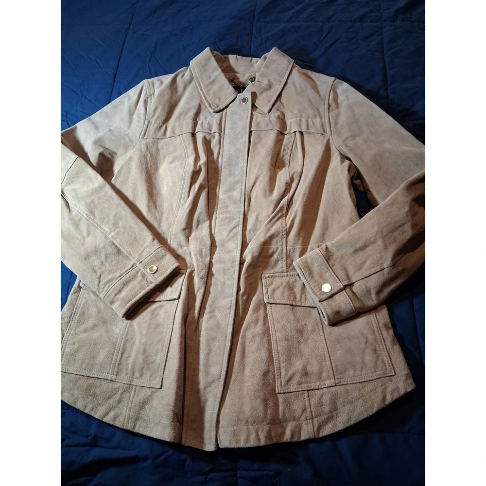 Isaac Mizrahi Live‎ Medium Suede Leather Snap Button Zip Jacket Pockets Lined